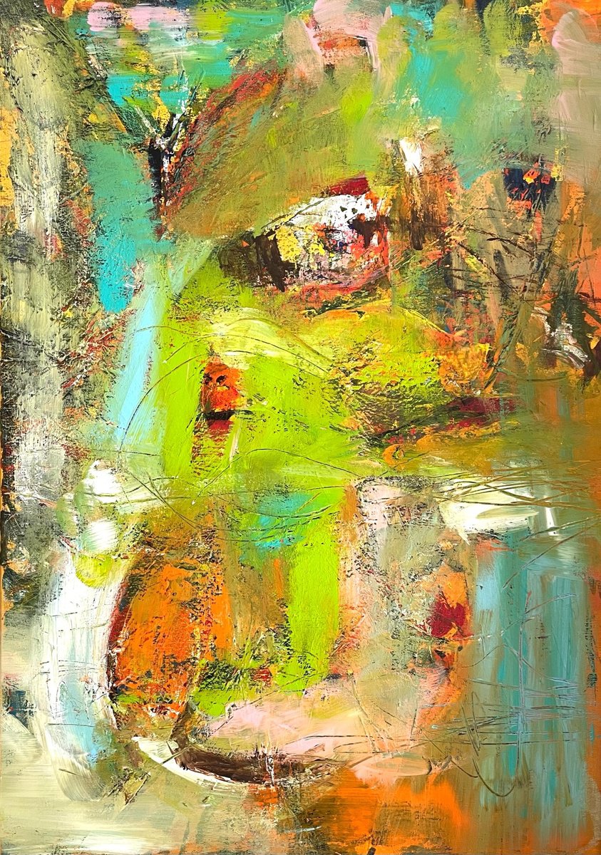 Organic Abstract Acrylic Painting By Christel Haag, 20 X 28, Ladybird On Tour, Original Artwork