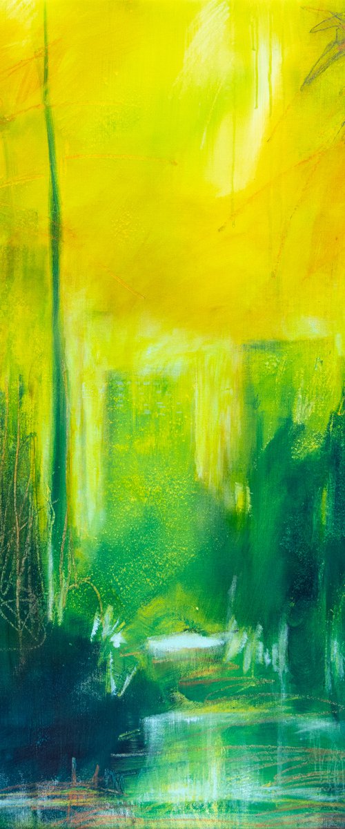 City night lights - modern  - contemporary urban - figurative large size READY TO HANG Wall art interior decor Home design decoration pop green yellow buildings town by Fabienne Monestier