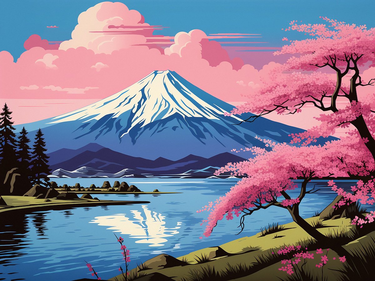 Illustrative Landscape Acrylic Painting By Kosta Morr, 31 X 24", Fujisan Ii, Original Artwork