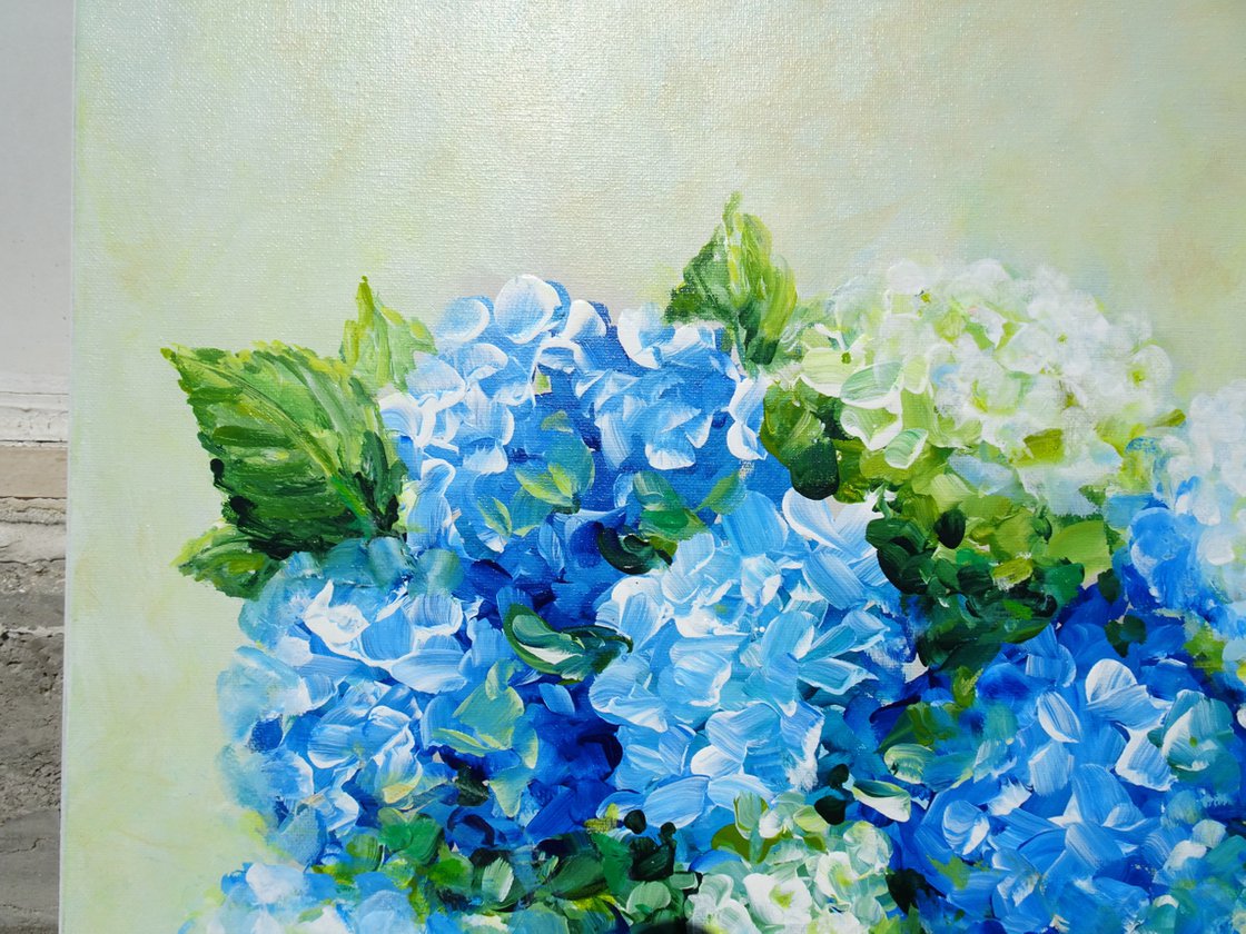 White and Blue Hydrangea Original Painting on Canvas. Impressionistic