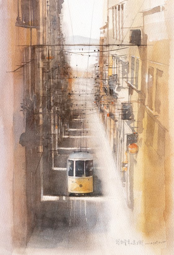 Tram along the Alley - 30x40cm Watercolor