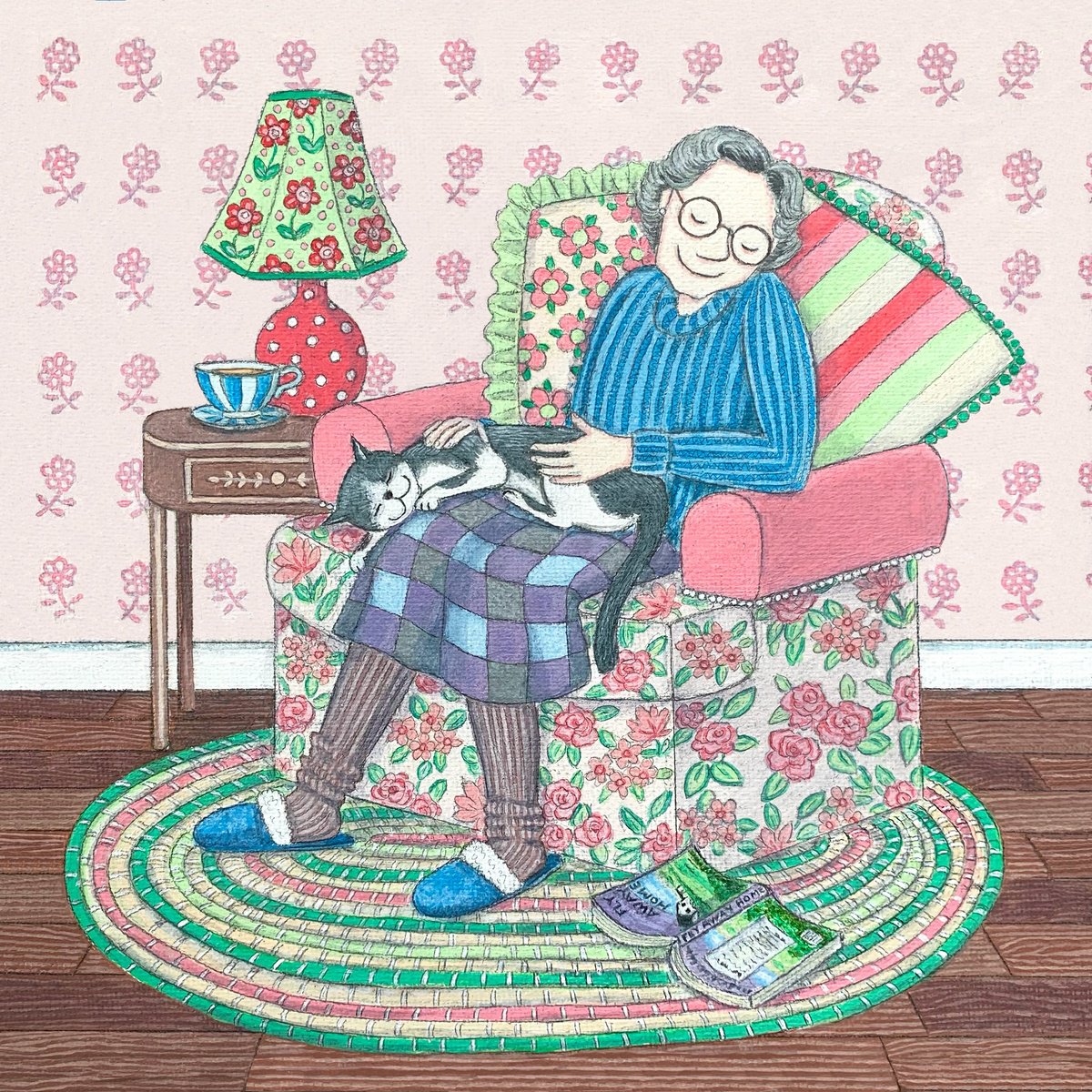 Naive Portrait Acrylic Painting By Lisa Davies, 9 X 9", Forty Winks, Original Artwork