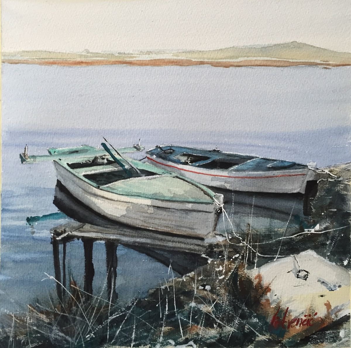 Photorealistic Landscape Watercolour By Tihomir Cirkvencic, 14 X 14", Seascape 7 - Squared 36X36, Original Artwork