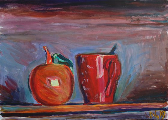 Glass apple and red cup. Acrylic on paper. 43x32 cm.