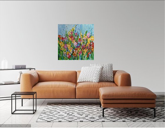 Sun Kissed Flowers - Textured Landscape Painting, Original Abstract Floral Artwork, Palette Knife Art