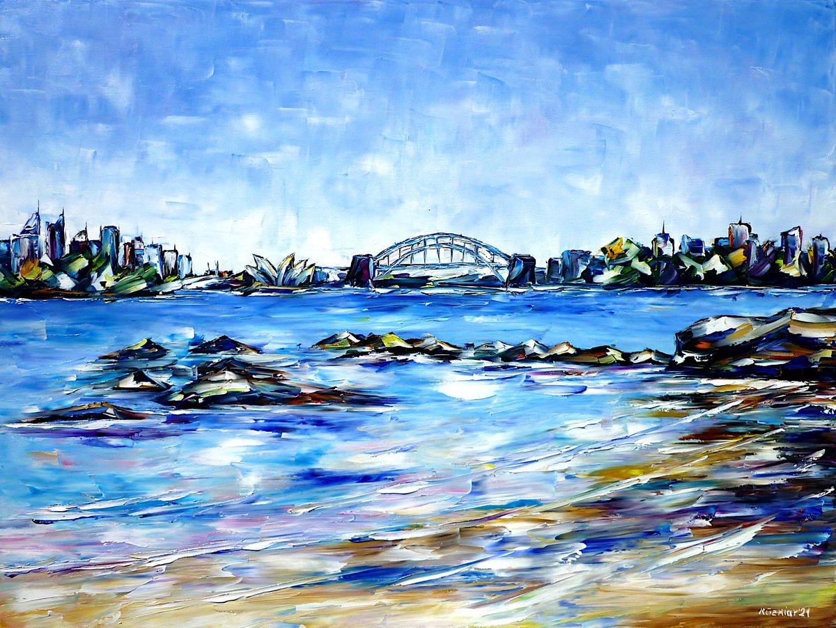 Expressive Cityscapes Oil Painting By Mirek Kuzniar, 31 X 24", Milk Beach, Sydney, Original Artwork