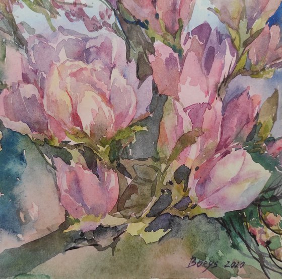 Magnolia - original watercolor, bright color painting