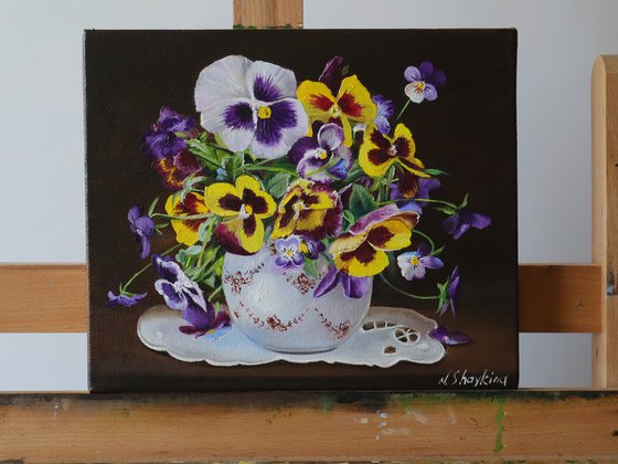 Pansies in a White Ceramic Vase