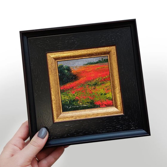 Poppy flowers red fields painting original, Landscape oil art miniatures in frame