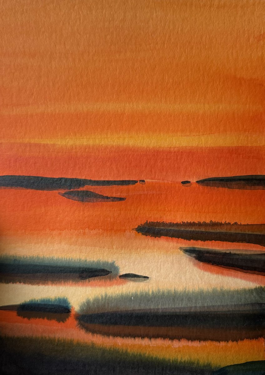 Landscape Ink Drawing By Daiva Karaliute, 13 X 16, Silent Horizons, Original Artwork