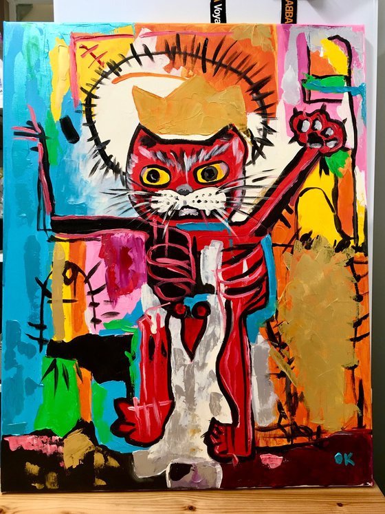 UNTITLED RED KING CAT version of famous painting by Jean-Michel Basquiat.