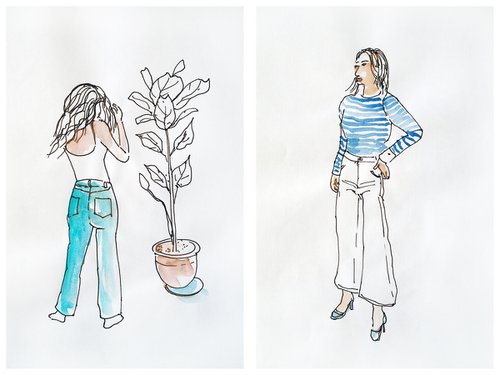 Set of 2 sketches with people - stylish women by Delnara El