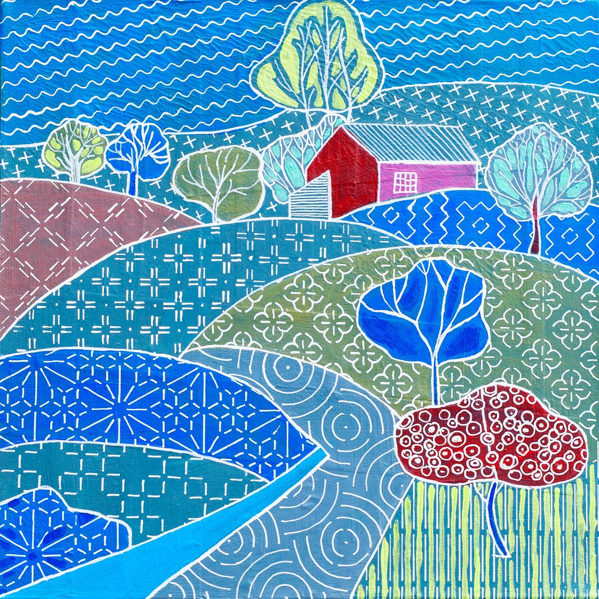 Naive Cityscapes Acrylic Painting By Ariadna De Raadt, 12 X 12, Landscape In Sashiko Style, Original Artwork