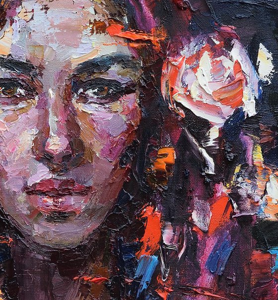 Russian girl in the red headscarf Original portrait painting on canvas 50 x 80 cm Palette knife