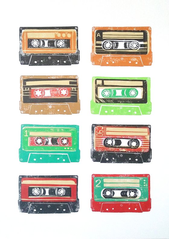 Linocut tapes #37 (cassette tapes, retro music, 70's, 80's rock culture)