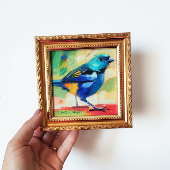 Tanager Blue bird painting original framed 4x4, Animal wall art wildlife, Bird artwork gifts