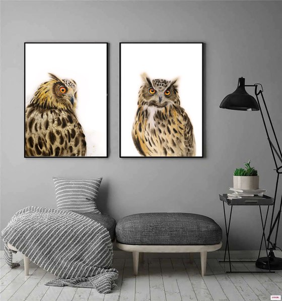 Great horned owl - Owl  - owl watercolor - owl portrait