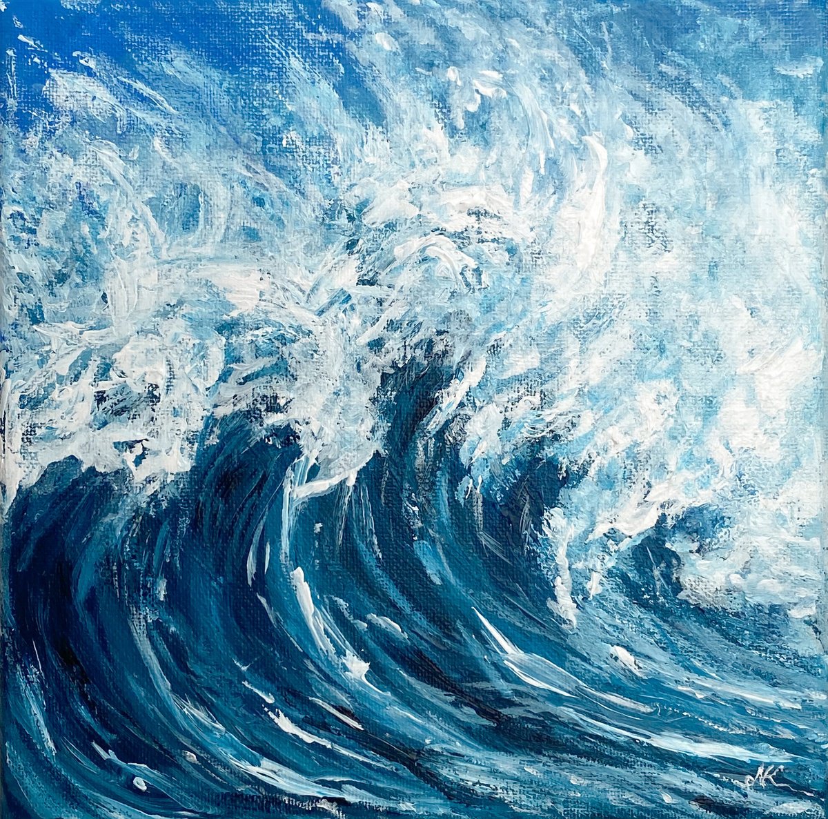 Impressionistic Landscape Acrylic Painting By Kateryna Nazarenko, 8 X 8", Blue Ocean Coastal Wave, Original Artwork