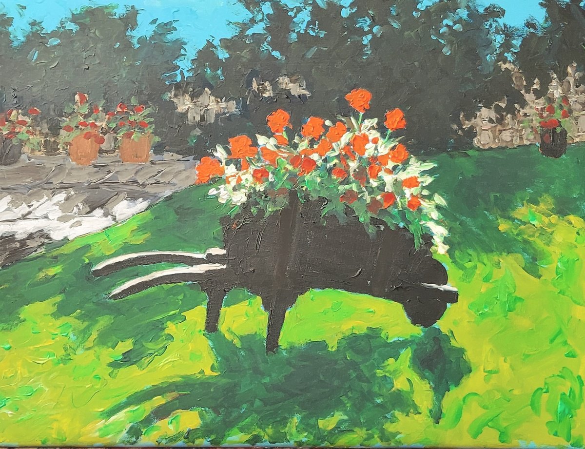 Botanical Acrylic Painting By Colin Ross Jack, 24 X 18, Wheelbarrow With Flowers, Original Artwork