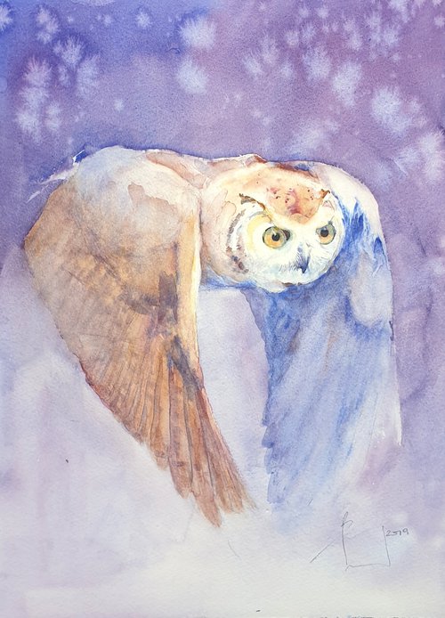 OWL WITH YELLOW EYES original watercolor 30X40 by Beata van Wijngaarden