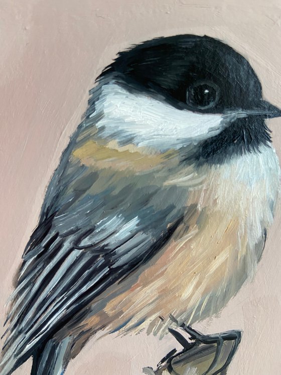 Chickadee  Bird painting mini art framed 15x20cm cute mini art