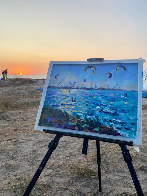 Kitesurfing - Сatch before sunset, 47*37cm, impressionistic oil impasto landscape painting