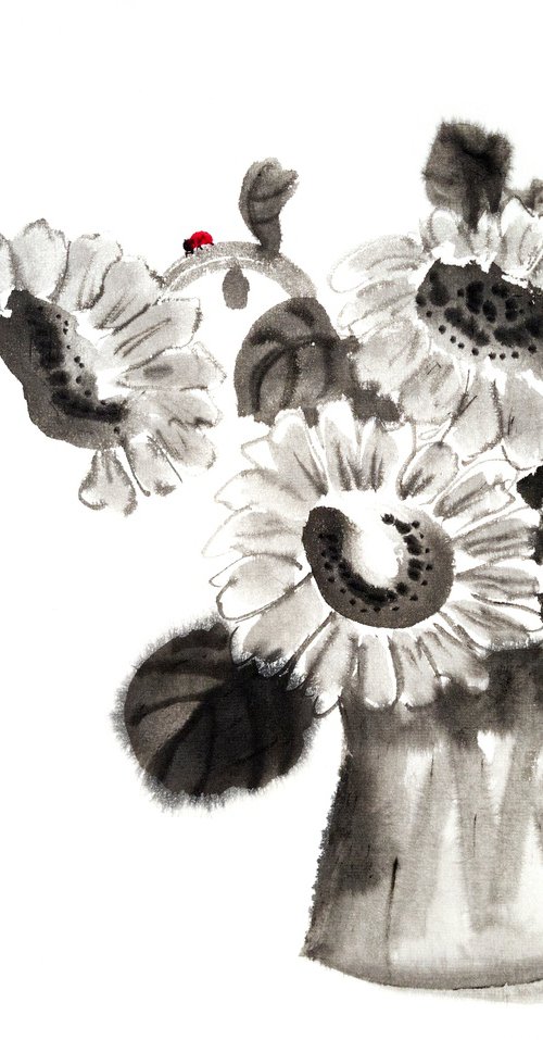 Monochromatic ink sunflowers and red ladybug - Oriental Chinese Ink Painting by Ilana Shechter