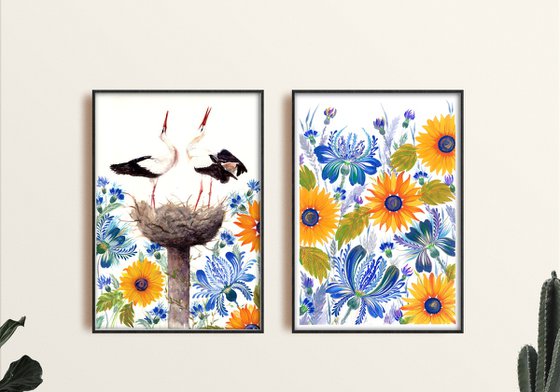 Nest of Serenity with a pair of storks surrounded by a field of lush wild yellow blue flowers