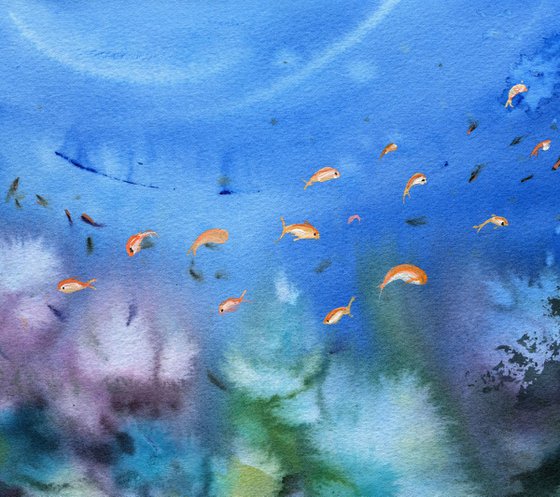 Coral reef original watercolor painting with blue ocean and coral, small goldfishes, decor for bedroom, gift for him