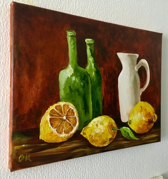 2 Bottles, jar and lemons.  Still life. Palette knife painting on linen canvas