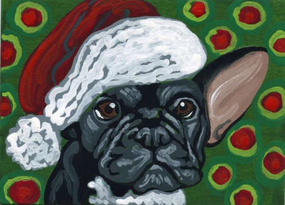 ACEO ATC Original Painting Christmas French Bulldog Pet Dog Art-Carla Smale