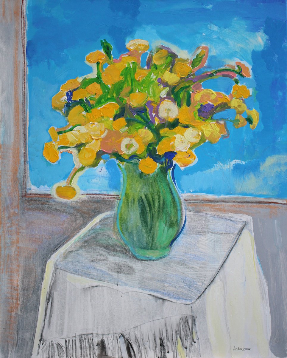 Impressionistic Still Life Acrylic Painting By Artem Andreichuk, 31 X 39, Dandelions, Original Artwork
