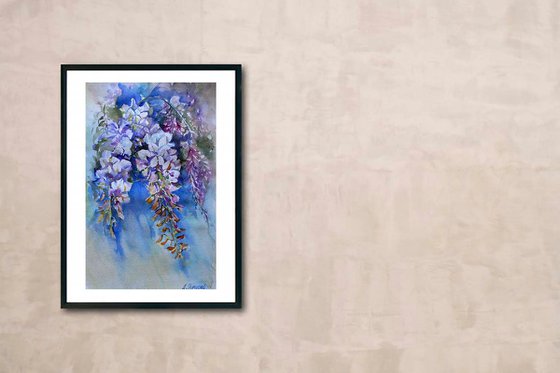 Watercolor flowers, original hand painting, Wisteria, floral fine art, wall art, apartment decor, gift for woman, artwork, nature, botanical