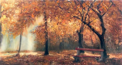 Autumn Art warm Colors 150x80cm Landscape painting Impasto Thick Textures by Leo Khomich
