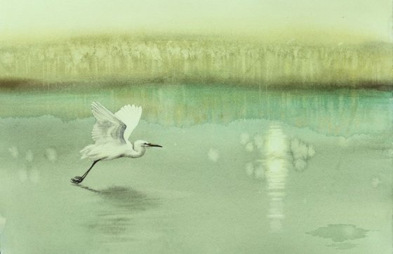 Serenity -  lake -  flying egret - white egret - original watercolor landscape