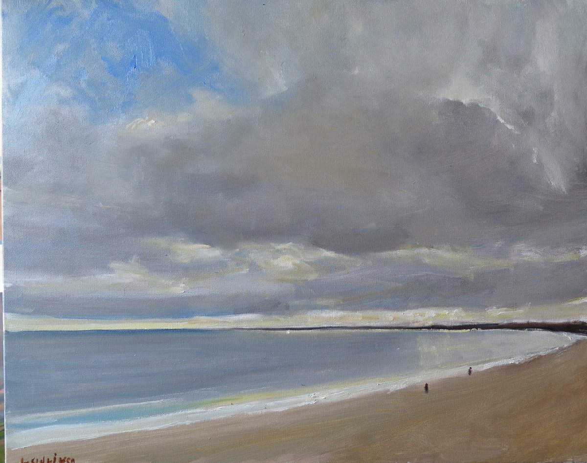 Impressionistic Landscape Oil Painting By Malcolm Ludvigsen, 30 X 24", Bridlington Beach, Oct 28, Original Artwork