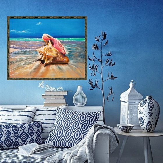 Seashell. Sea Rapan. Christmas Gift. New Year Gift. Original Oil Painting on Canvas. Sea Landscape. Tropical. Sky and Sea. Wall Art. Home Decor.