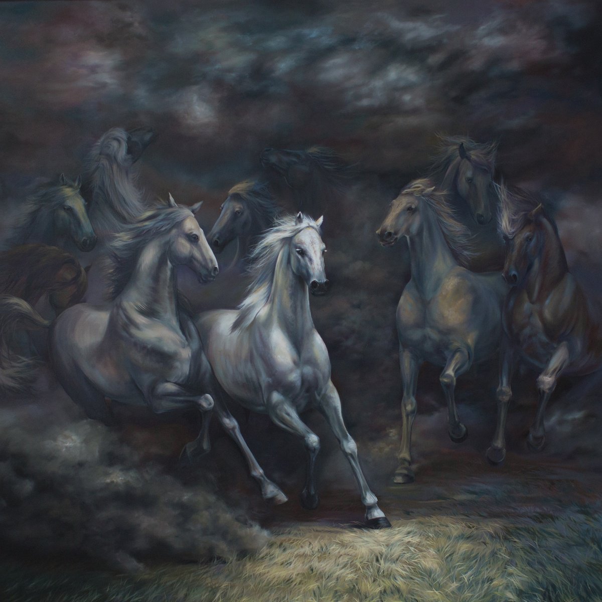 Surrealistic Animal Oil Painting By Anastasia Parfilo, 59 X 59, Through The Smoke, Original Artwork