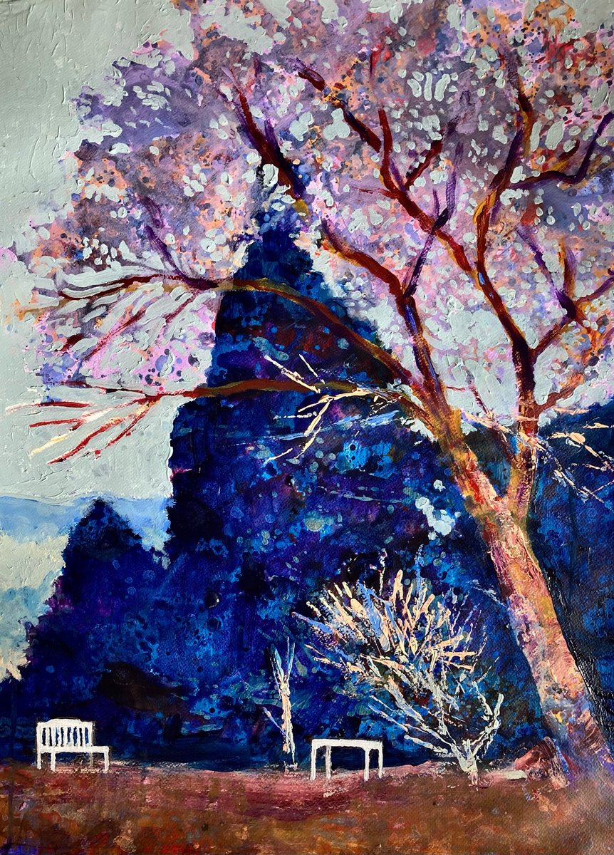 Impressionistic Landscape Acrylic Painting By John Cottee, 22 X 30, Table & Chair, Original Artwork