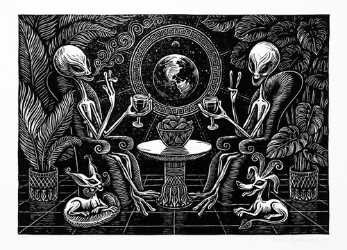 Alien couple. UFO art. Linocut print. by Valdis Baskirovs