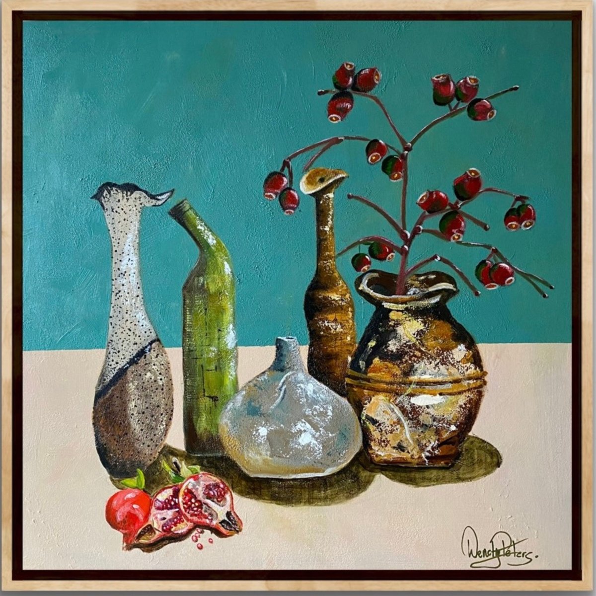 Still Life Acrylic Painting By Wendy Peters, 25 X 25", Pomegranates And Gum Nuts, Original Artwork