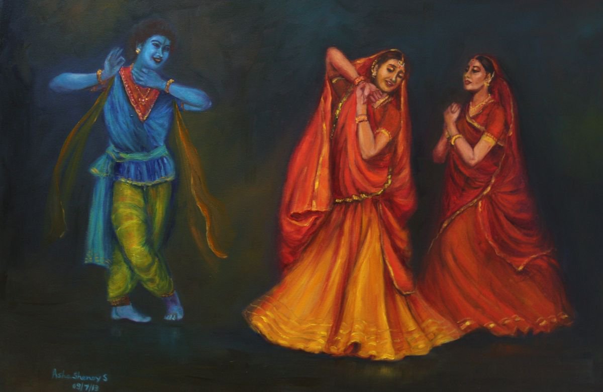 Indian Dancers - Kathak Dancers-Krishna Appears to Radha and Gopis 24x 36 by Asha Shenoy