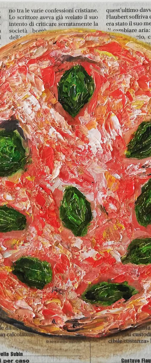 "Pizza on Newspaper" Original Oil on Canvas Board Painting 8 by 8 inches (20x20 cm) by Katia Ricci