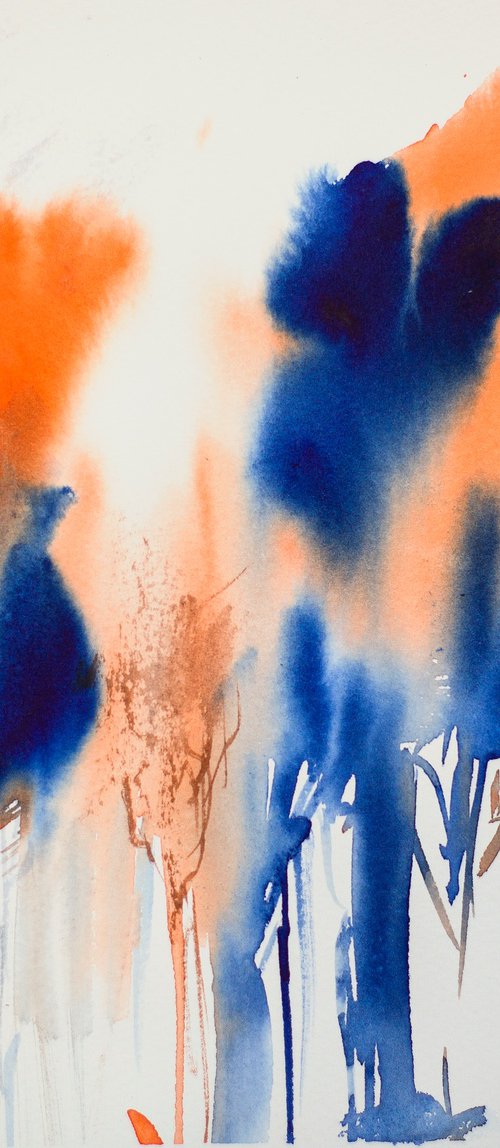 Abstract forest view. Small natural landscape watercolor, blue and orange by Sasha Romm