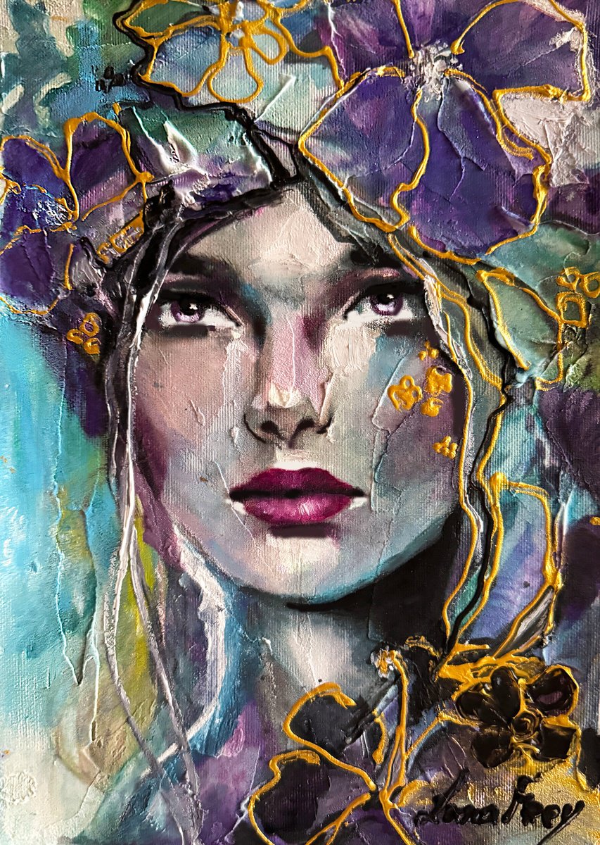 Expressive Portrait Painting By Lana Frey, 8 X 12", Violet Morning, Original Artwork