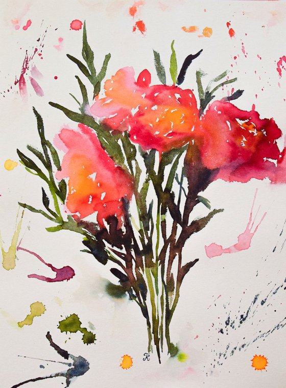 Abstract flowers bouquet original watercolor painting, botanical artwork, gift for her