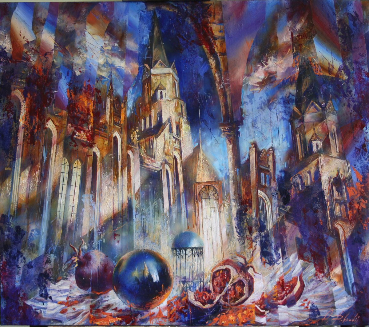 Surrealistic Cityscapes Oil Painting By Alexandr Dobrodiy, 31 X 28, Moonlight, Original Artwork