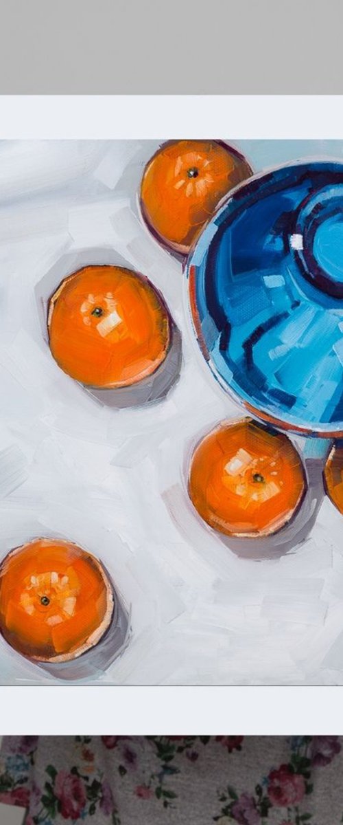 Oranges + Blue Vase - Print by Harriet  Hue