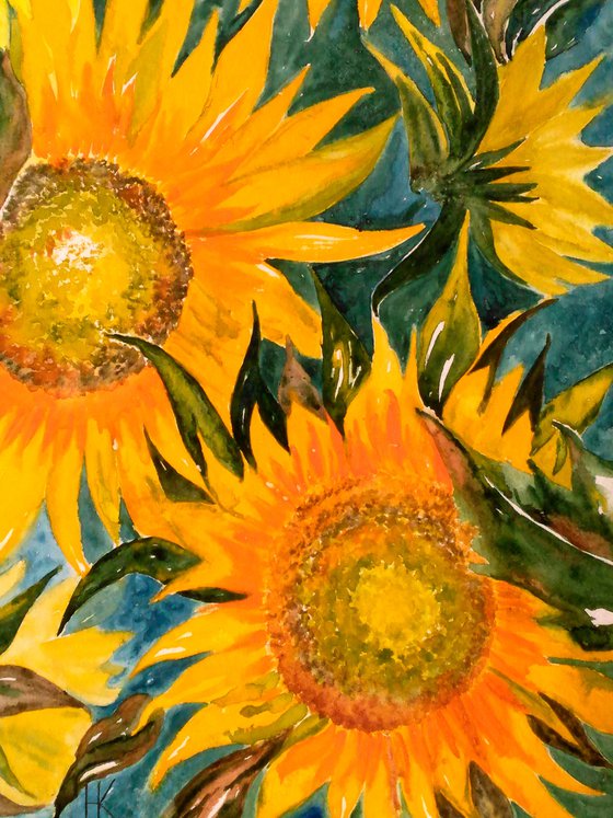 Sunflowers Painting Floral Original Art Flowers Small Watercolor Artwork Home Wall Art 12 by 17" by Halyna Kirichenko