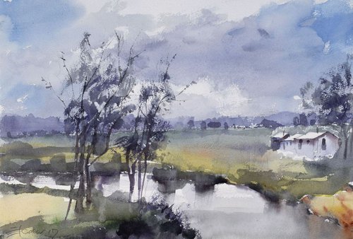 landscape with calm river by Goran Žigolić Watercolors